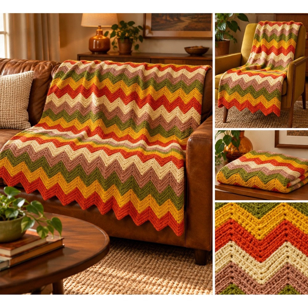 Vintage  Handmade Crochet Chevron Ripple Afghan Throw Blanket Retro Multi 1970's